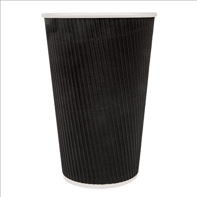 GOBELETS BOISSONS CHAUDES DOUBLE PAROI ONDULÉ 480 ML 300 + 250 + 18 PE G/M2 Ø9/6x13,2 CM NOIR CARTON (500 UNITÉS)