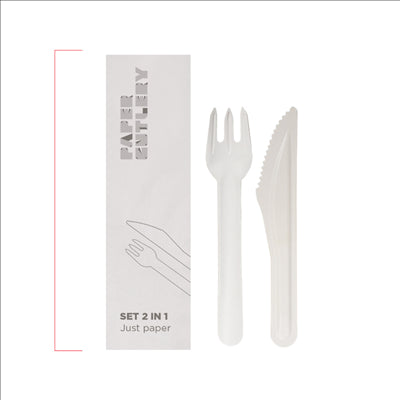 SET 2/1 FOURCHETTE, COUTEAU 'PAPER CUTLERY'  15,8 CM BLANC PAPIER (100 UNITÉS)