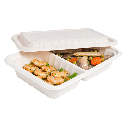 PLATEAUX 2 COMPART + COUVERCLE 'BIONIC' 800 ML 23,3x14,6x6 CM NATUREL BAGASSE (400 UNITÉS)