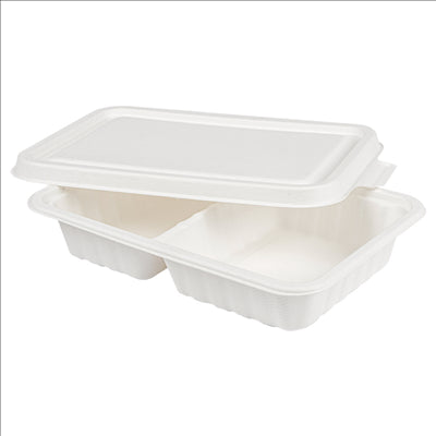 PLATEAUX 2 COMPART + COUVERCLE 'BIONIC' 800 ML 23,3x14,6x6 CM BLANC BAGASSE (400 UNITÉS)