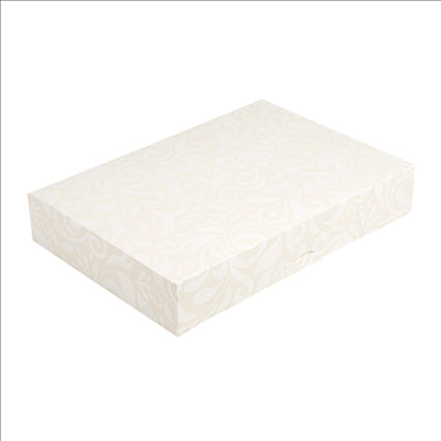 BOÎTES CATERING, PLATE 'THEPACK DAMASCO' 250 G/M2 25x34x6 CM BLANC CARTON ONDULÉ NANO-MICRO (100 UNITÉS)