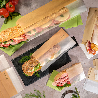 SACHETS POUR SANDWICHES AVEC FENÊTRE ECO 'CORNER WINDOW' 40 G/M2 9+5,5x30 CM NATUREL PARCH.INGRAISSABLE (250 UNITÉS)