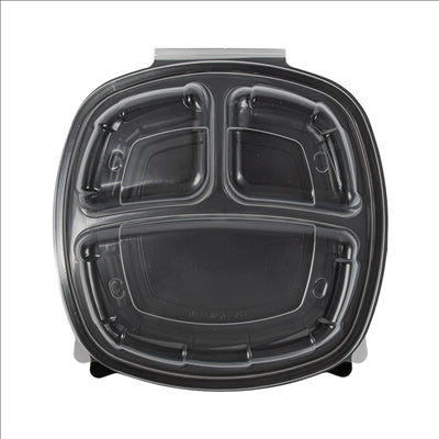 RÉCIPIENTS AVEC COUVERCLE CHARNIÈRE 3 COMPARTIMENTS MICRO-ONDABLES 1130 ML 22,9x23,3x8,2 CM NOIR PP (100 UNITÉS)