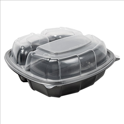 RÉCIPIENTS AVEC COUVERCLE CHARNIÈRE 3 COMPARTIMENTS MICRO-ONDABLES 1130 ML 22,9x23,3x8,2 CM NOIR PP (100 UNITÉS)