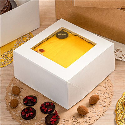 BOÎTES PATISSERIES AVEC FENÊTRE 'THEPACK DECO' 250 G/M2 + OPP 18x18x7,5 CM BLANC CARTON ONDULÉ NANO-MICRO (50 UNITÉS)