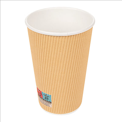 GOBELETS BOISSONS CHAUDES DOUBLE PAROI, KRAFT ONDULÉ 480 ML 300 + 250 + 18 PE G/M2 Ø9/6x13,2 CM MARRON CARTON (500 UNITÉS)