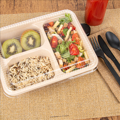 PLATEAUX 3 COMPART + COUVERCLE PET 'BIONIC' 950 ML 22x18x5,5+1,3 CM NATUREL BAGASSE (100 UNITÉS)