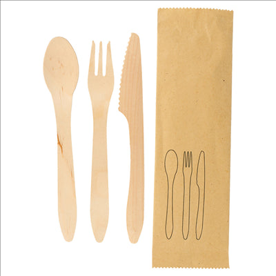 SET FOURCHETTE, COUTEAU, CUILLÈRE 'CURVE'  18,5 CM NATUREL BOIS (200 UNITÉS)