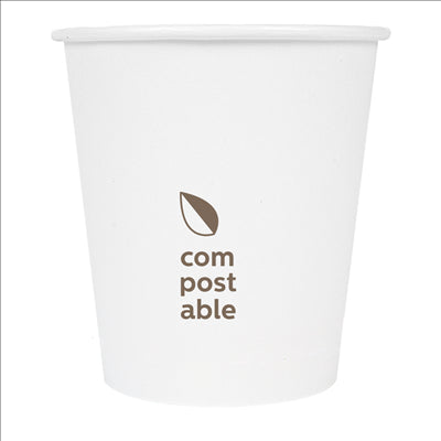 GOBELETS BOISSONS FROIDES ET CHAUDES 1 PAROI 'COMPOSTABLE' 180 ML - 6 oz 260 G/M2 Ø7,2/5,3x7,8 CM BLANC CARTON (1000 UNITÉS)