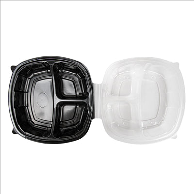 RÉCIPIENTS AVEC COUVERCLE CHARNIÈRE 3 COMPARTIMENTS MICRO-ONDABLES 1130 ML 22,9x23,3x8,2 CM NOIR PP (100 UNITÉS)