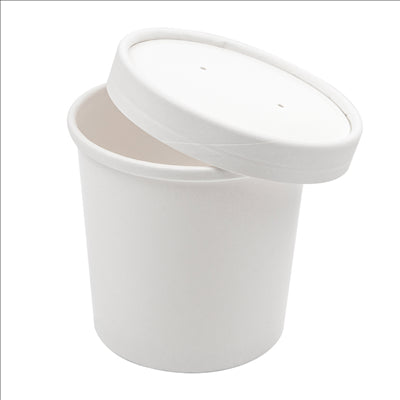 RÉCIPIENTS + COUVERCLES 360 ML - 12 oz 300 + 18 PE G/M2 Ø9/7,2x8,4 CM BLANC CARTON (250 UNITÉS)