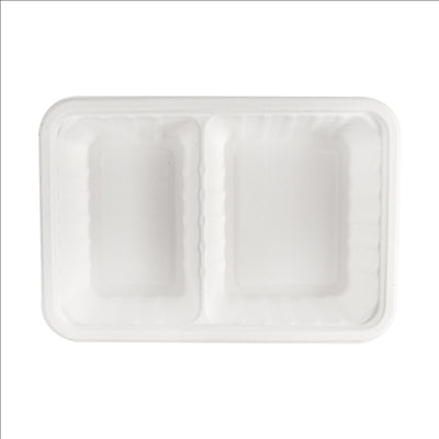 PLATEAUX 2 COMPART + COUVERCLE 'BIONIC' 800 ML 23,3x14,6x6 CM BLANC BAGASSE (400 UNITÉS)