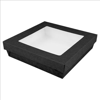 PETITES BOÎTES+COUVERCLES AVEC FÊNETRE 'THEPACK' 1000 ML 250 G/M2 + 12PP + OPP 18,5x18,5x4 CM NOIR CARTON ONDULÉ NANO-MICRO (200 UNITÉS)