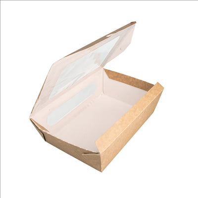 BOÎTES AVEC FENÊTRE POUR SALADE 1200 ML - 40 oz 391 G/M2 + PE 20,4x14,2x6 CM MARRON CARTON (200 UNITÉS)