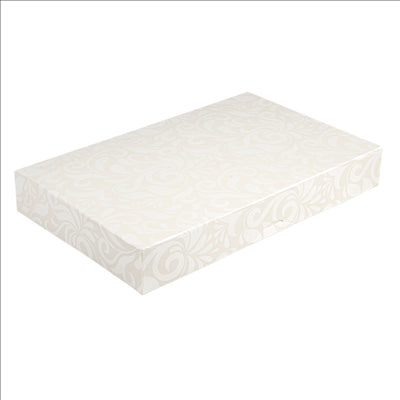 BOÎTES CATERING, PLATE 'THEPACK DAMASCO' 310 G/M2 28x42x6 CM BLANC CARTON ONDULÉ NANO-MICRO (100 UNITÉS)