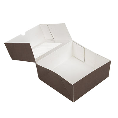 BOÎTES PATISSERIES AVEC FENÊTRE 'THEPACK' 250 G/M2 + OPP 18x18x7,5 CM CHOCOLAT CARTON ONDULÉ NANO-MICRO (200 UNITÉS)