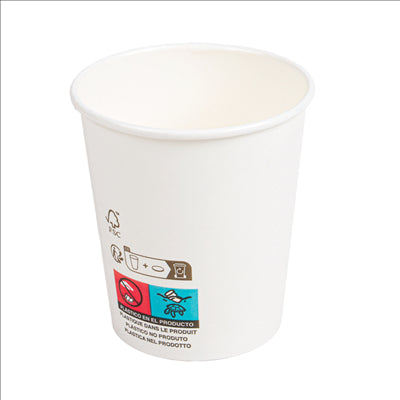 GOBELETS BOISSONS FROIDES ET CHAUDES 1 PAROI 'COMPOSTABLE' 180 ML - 6 oz 260 G/M2 Ø7,2/5,3x7,8 CM BLANC CARTON (1000 UNITÉS)