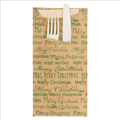 SACHETS COUVERTS+SERV.RÉCYC.2P 'MERRY CHRISTMAS' 80 + 10 PE G/M2 11,2x22,5 CM MARRON CELLULOSE (250 UNITÉS)