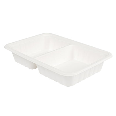 PLATEAUX 2 COMPART + COUVERCLE 'BIONIC' 800 ML 23,3x14,6x6 CM BLANC BAGASSE (400 UNITÉS)