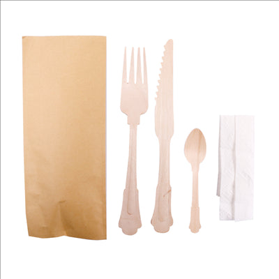 SET 4/1 FOURCHETTE, COUTEAU, SERVIETTE, CUILLÈRE CAFÉ 'CLASSIC'  20 CM NATUREL BOIS (100 UNITÉS)