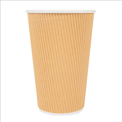 GOBELETS BOISSONS CHAUDES DOUBLE PAROI, KRAFT ONDULÉ 480 ML 300 + 250 + 18 PE G/M2 Ø9/6x13,2 CM MARRON CARTON (500 UNITÉS)