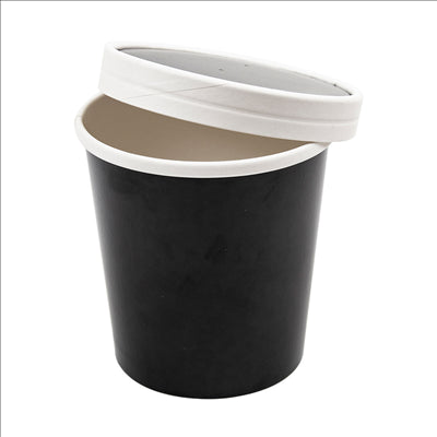 RÉCIPIENTS + COUVERCLES 480 ML - 16 oz 320 + 18 PE G/M2 Ø9,7/7,5x10 CM NOIR CARTON (250 UNITÉS)