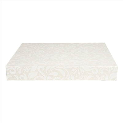 BOÎTES CATERING, PLATE 'THEPACK DAMASCO' 310 G/M2 32x42x6 CM BLANC CARTON ONDULÉ NANO-MICRO (100 UNITÉS)
