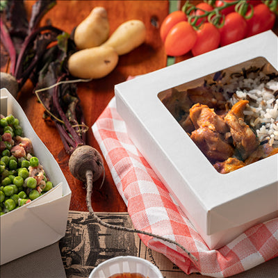 PETITES BOÎTES+COUVERCLES AVEC FÊNETRE 'THEPACK' 500 ML 230 G/M2 + 12PP + OPP 12x12x5 CM BLANC CARTON ONDULÉ NANO-MICRO (250 UNITÉS)