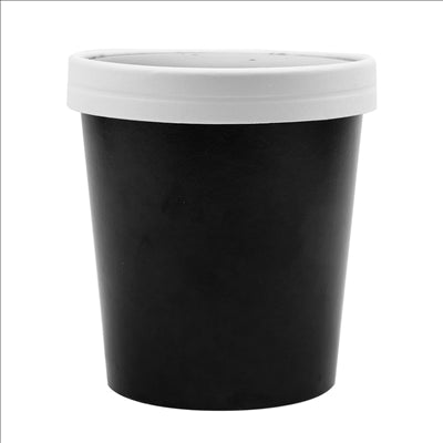 RÉCIPIENTS + COUVERCLES 480 ML - 16 oz 320 + 18 PE G/M2 Ø9,7/7,5x10 CM NOIR CARTON (250 UNITÉS)