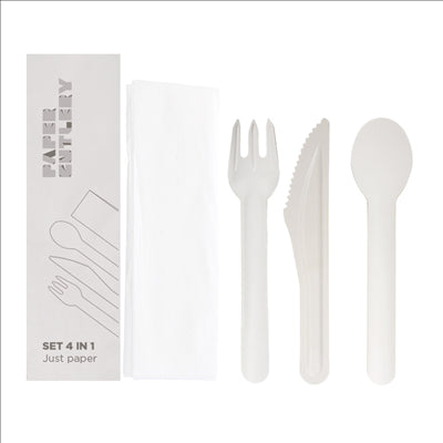 SET 4/1 FOURCHETTE, COUTEAU, CUILLÈRE, SERVIETTE 'PAPER CUTLERY'  15,8 CM BLANC PAPIER (100 UNITÉS)