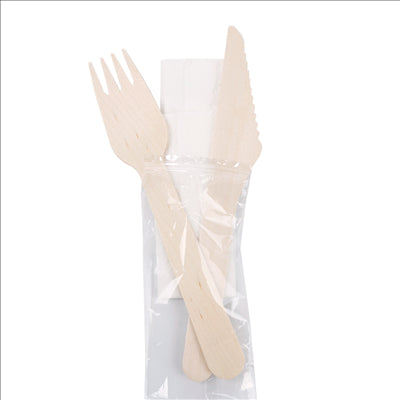 SET 3/1 FOURCHETTE, COUTEAU, SERVIETTE 'MAKAN'  16 CM NATUREL BOIS (100 UNITÉS)