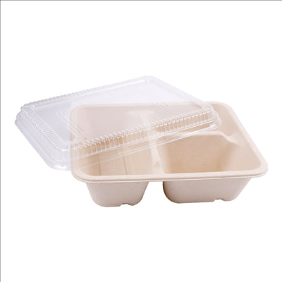 PLATEAUX 3 COMPART + COUVERCLE PET 'BIONIC' 950 ML 22x18x5,5+1,3 CM NATUREL BAGASSE (100 UNITÉS)