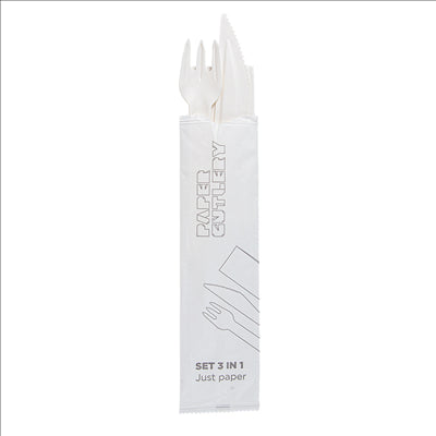 SET 3/1 FOURCHETTE, COUTEAU, SERVIETTE 'PAPER CUTLERY'  15,8 CM BLANC PAPIER (100 UNITÉS)