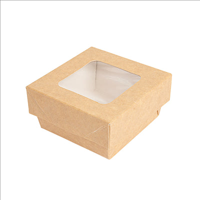 PETITES BOÎTES+COUVERCLES AVEC FÊNETRE 200 ML - 6,6 oz 270 + 15 PE G/M2 7x7x4 CM MARRON CARTON (250 UNITÉS)