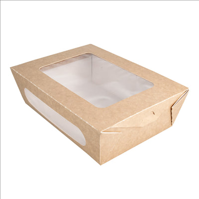 BOÎTES AVEC FENÊTRE POUR SALADE 1200 ML - 40 oz 391 G/M2 + PE 20,4x14,2x6 CM MARRON CARTON (200 UNITÉS)