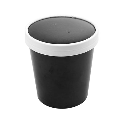 RÉCIPIENTS + COUVERCLES 480 ML - 16 oz 320 + 18 PE G/M2 Ø9,7/7,5x10 CM NOIR CARTON (250 UNITÉS)