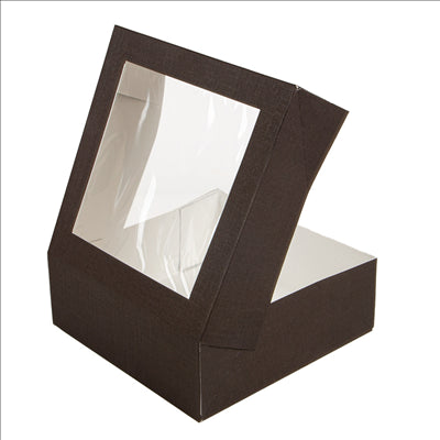 BOÎTES PÂTISSERIES AVEC FENÊTRE 'THEPACK' 250 G/M2 + OPP 28x28x10 CM CHOCOLAT CARTON ONDULÉ NANO-MICRO (100 UNITÉS)