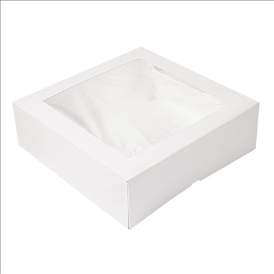 BOÎTES PÂTISSERIES AVEC FENÊTRE 'THEPACK' 250 G/M2 + OPP 32x32x10 CM BLANC CARTON ONDULÉ NANO-MICRO (100 UNITÉS)