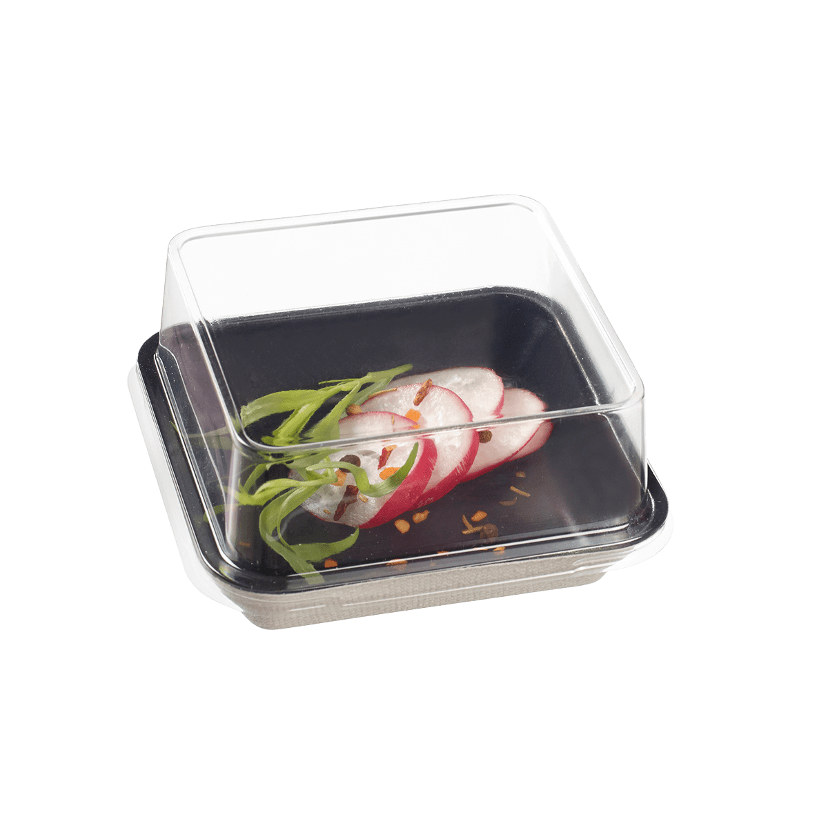 Assiette Kanopée pulpe de canne avec lamination noire 100x100 mm ｜ 200 Unité(s)