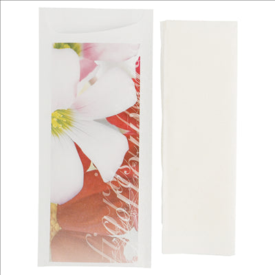 SACS POUR COUVERTS + SERVIETTE "FLEURS" 'JUST IN TIME' , 90 + 10PE G/M2 8,5x19,5 CM BLANC AIRLAID (250 UNITÉS)