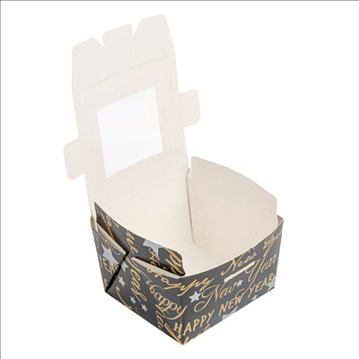 PETITES BOÎTES AVEC FENÊTRE 'HAPPY NEW YEAR' 300 ML 300 G/M2 8x7,5x5,5 CM NOIR CARTON (600 UNITÉS)